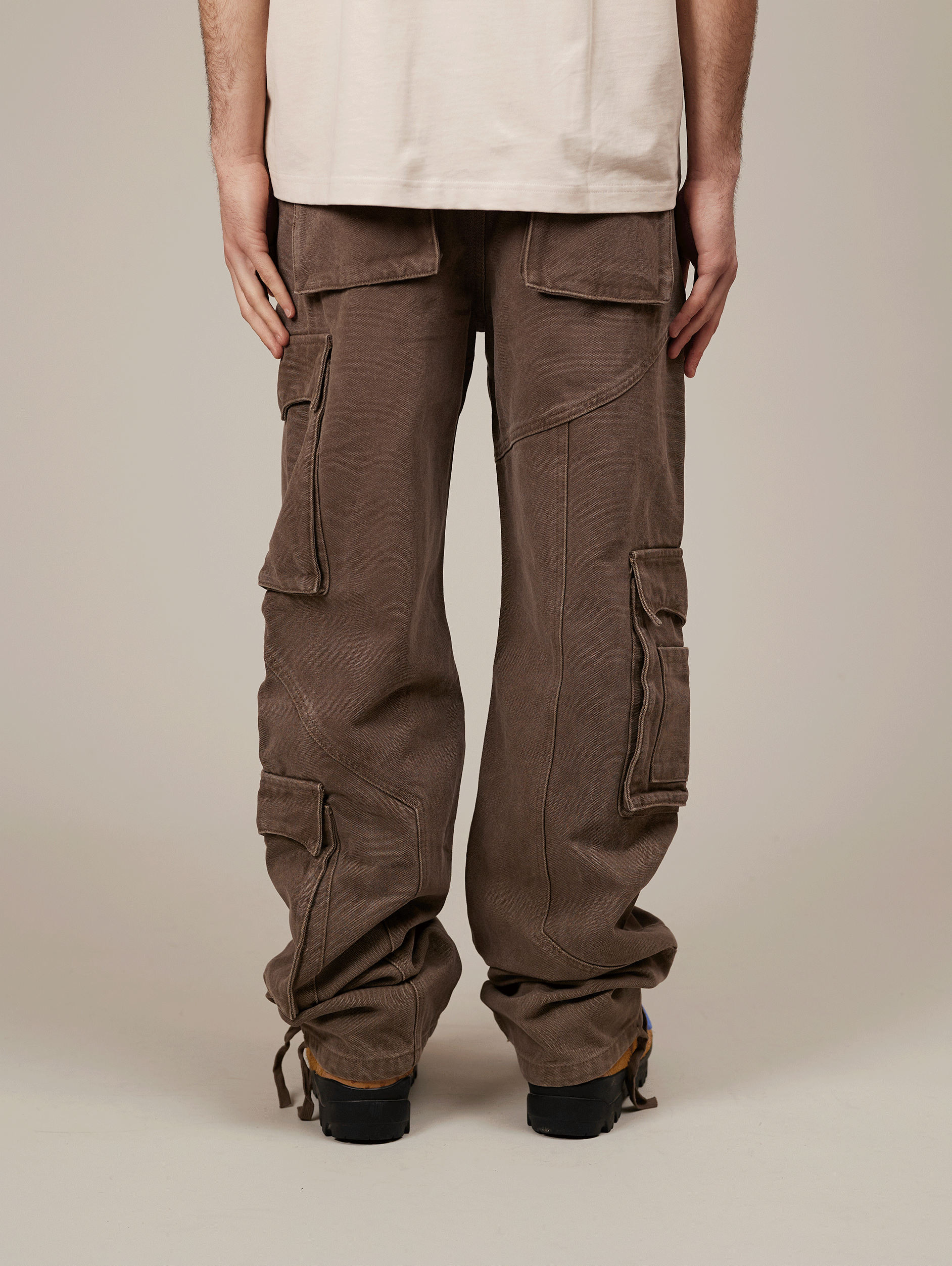 BROWN CARGO PANTS IN HEAVY COTTON - BROWN WASHED STYLE