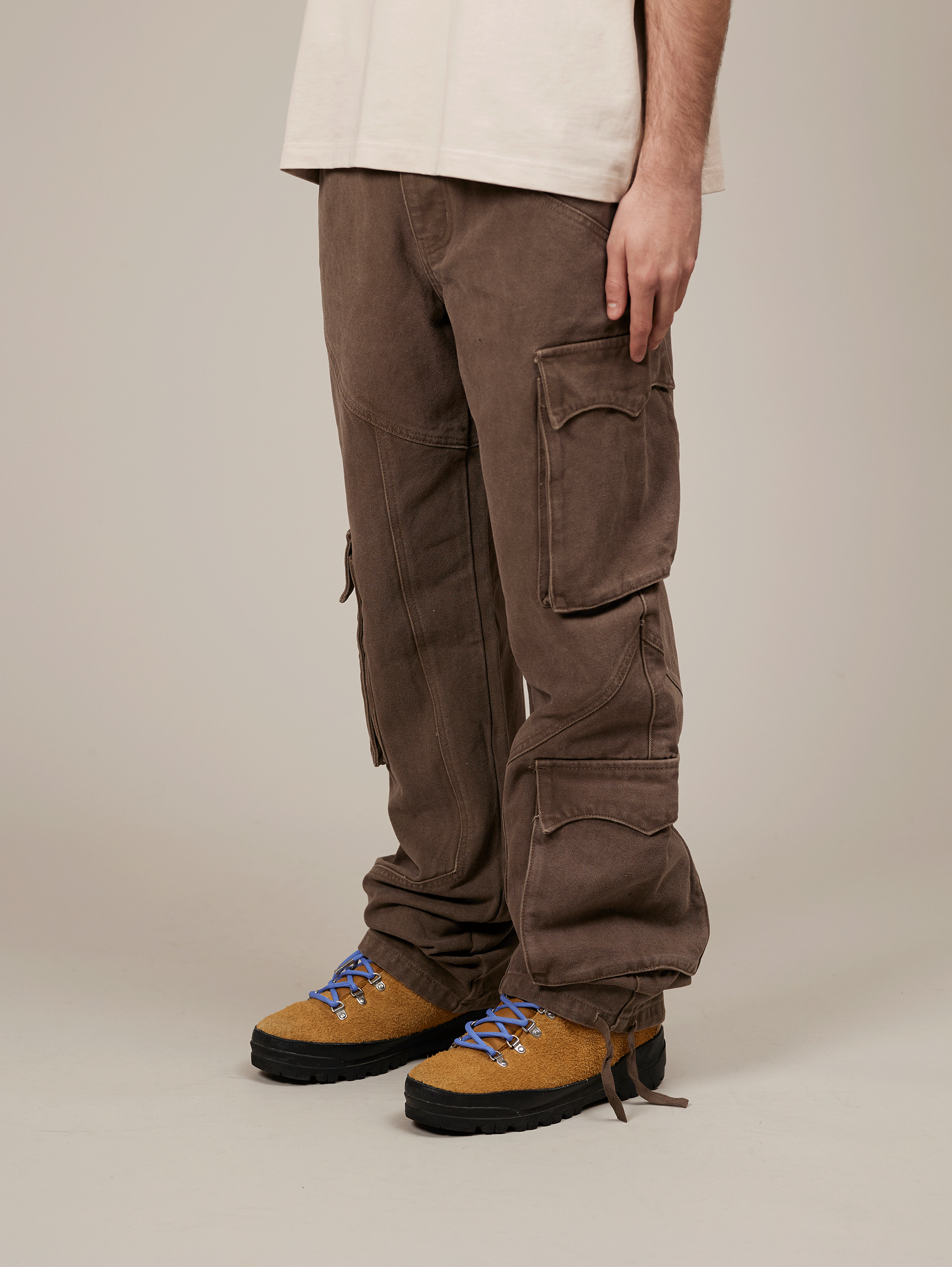 BROWN CARGO PANTS IN HEAVY COTTON - BROWN WASHED STYLE