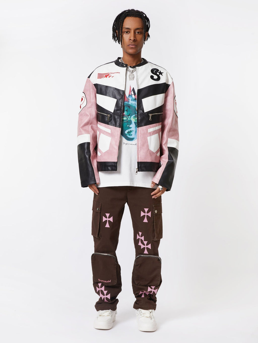 BROWN CARGO PANTS WITH PINK CROSS DESIGNS - MID WAIST CASUAL LONG PANTS