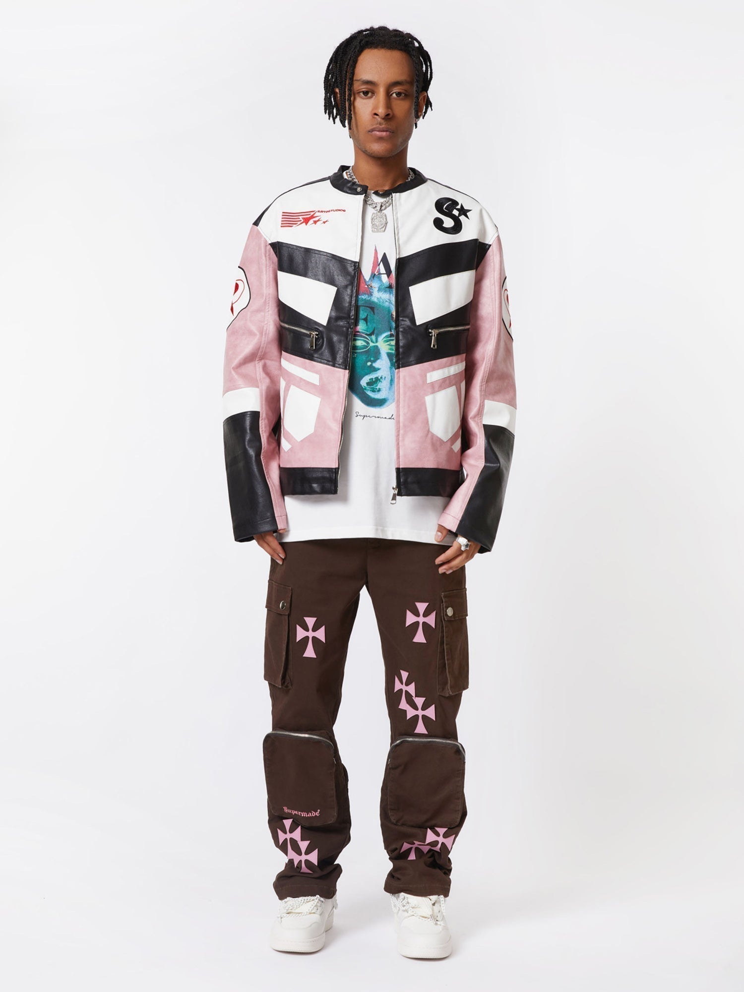 BROWN CARGO PANTS WITH PINK CROSS DESIGNS - MID WAIST CASUAL LONG PANTS