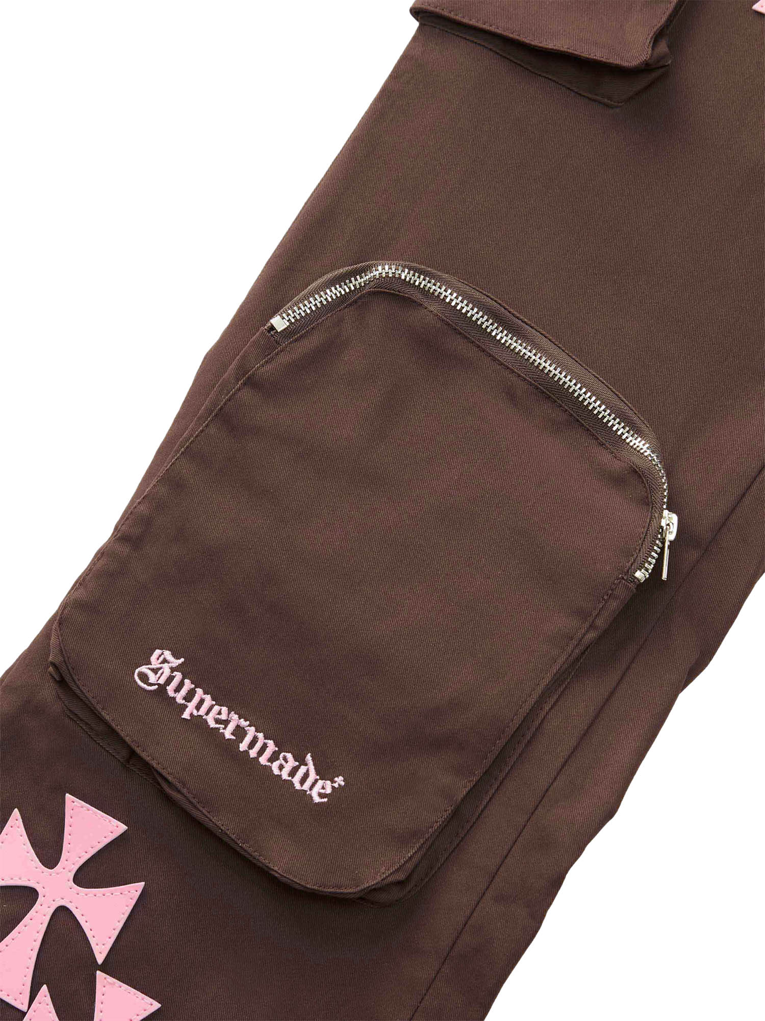 BROWN CARGO PANTS WITH PINK CROSS DESIGNS - MID WAIST CASUAL LONG PANTS