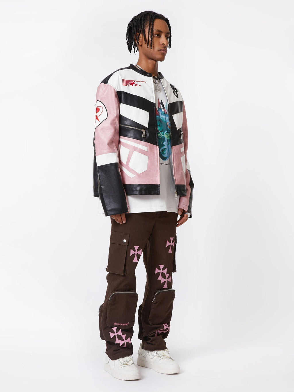 BROWN CARGO PANTS WITH PINK CROSS DESIGNS - MID WAIST CASUAL LONG PANTS