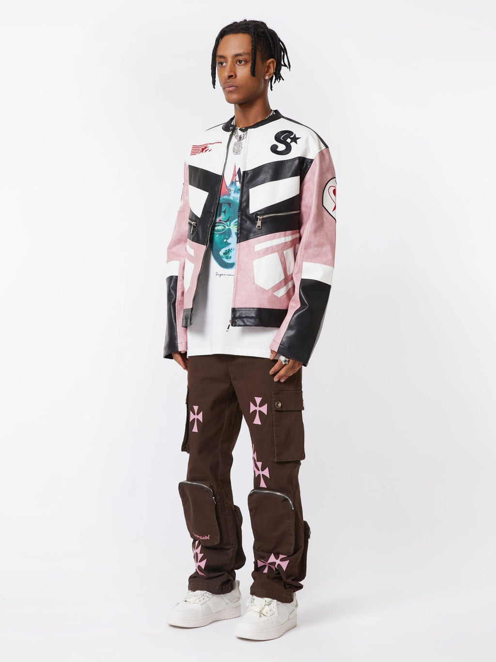 BROWN CARGO PANTS WITH PINK CROSS DESIGNS - MID WAIST CASUAL LONG PANTS