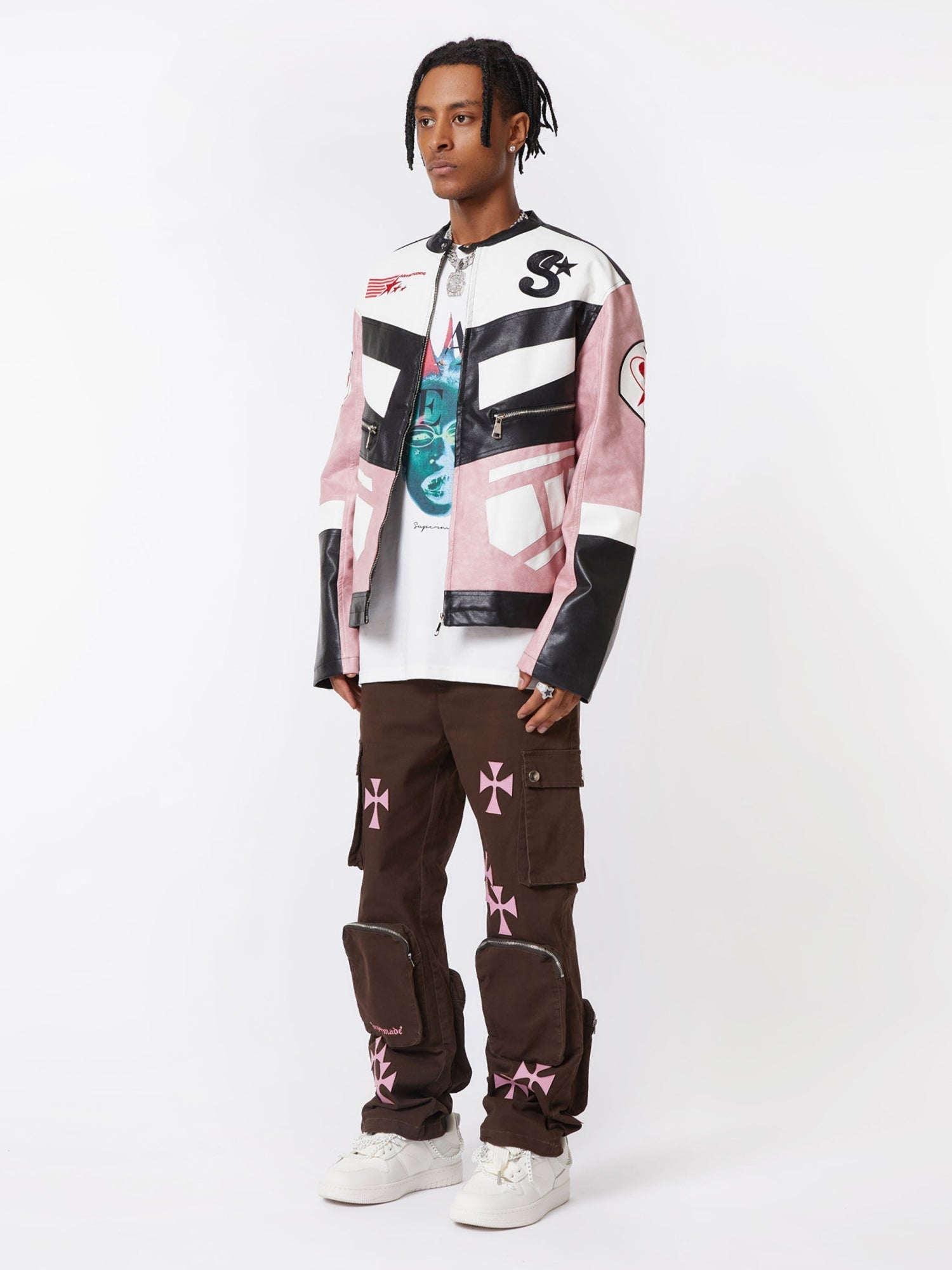 BROWN CARGO PANTS WITH PINK CROSS DESIGNS - MID WAIST CASUAL LONG PANTS