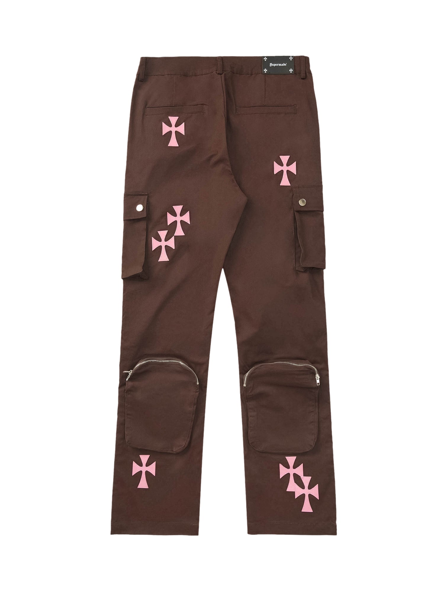 BROWN CARGO PANTS WITH PINK CROSS DESIGNS - MID WAIST CASUAL LONG PANTS