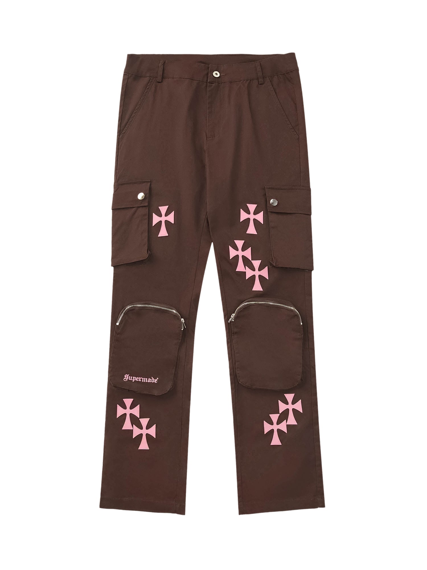 BROWN CARGO PANTS WITH PINK CROSS DESIGNS - MID WAIST CASUAL LONG PANTS