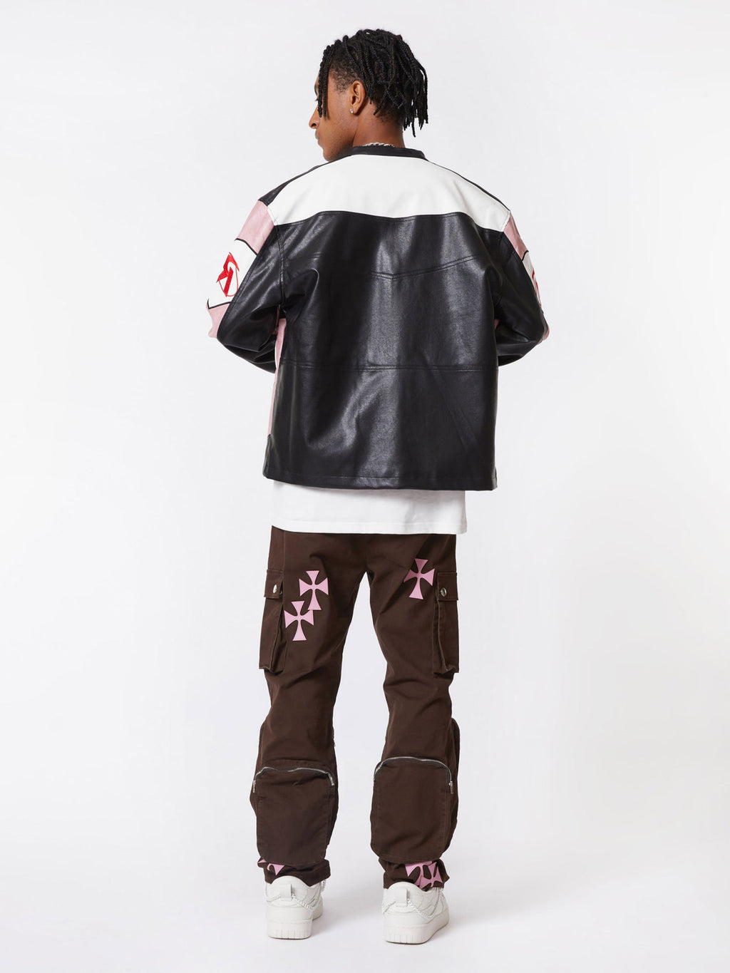 BROWN CARGO PANTS WITH PINK CROSS DESIGNS - MID WAIST CASUAL LONG PANTS