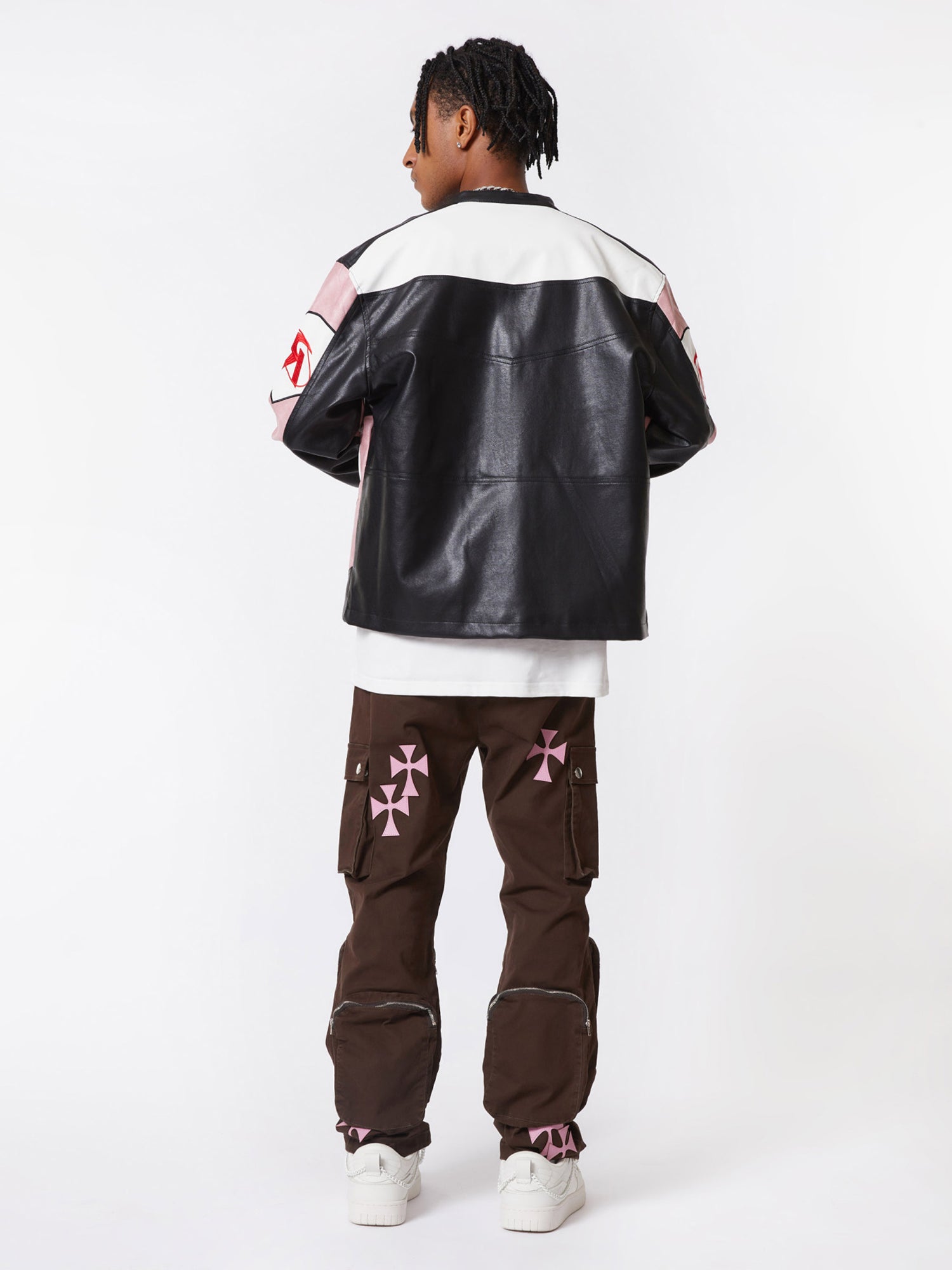 BROWN CARGO PANTS WITH PINK CROSS DESIGNS - MID WAIST CASUAL LONG PANTS