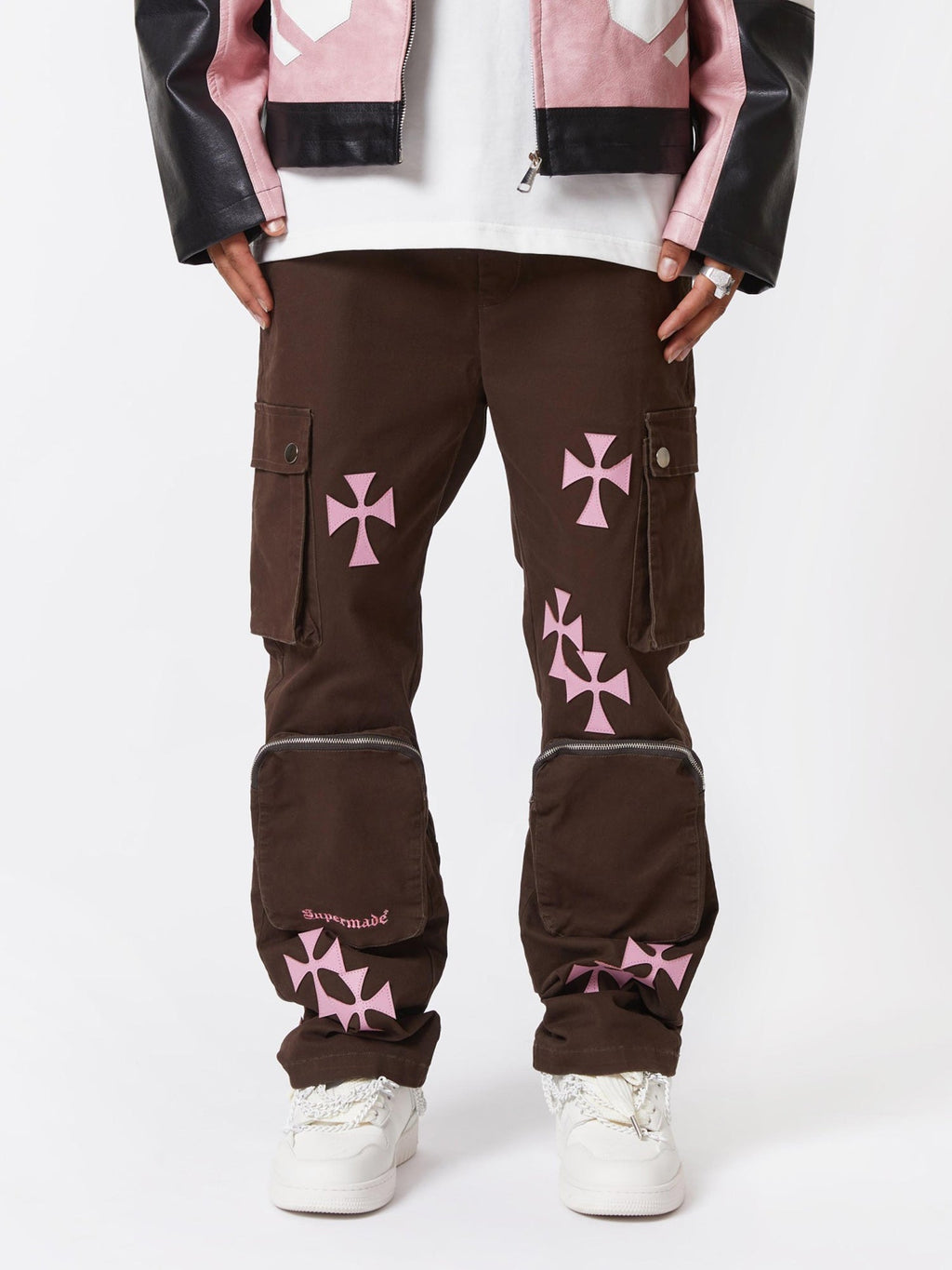 BROWN CARGO PANTS WITH PINK CROSS DESIGNS - MID WAIST CASUAL LONG PANTS