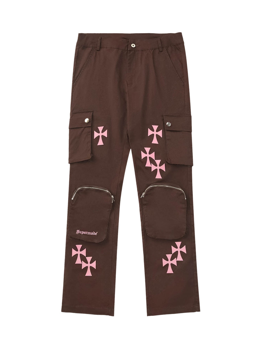 BROWN CARGO PANTS WITH PINK CROSS DESIGNS - MID WAIST CASUAL LONG PANTS