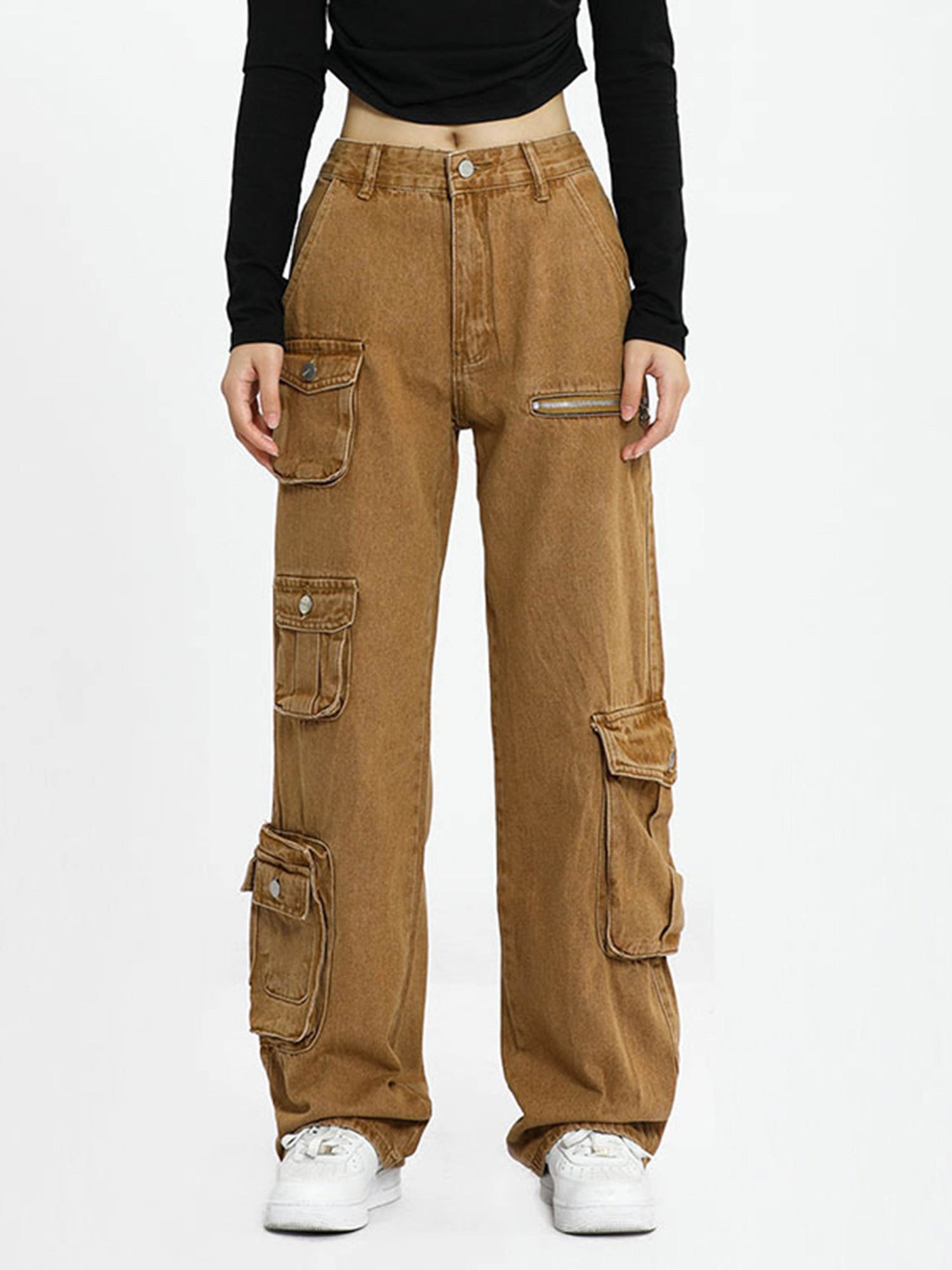 BROWN CARGO PANTS WITH POCKETS MID WAIST CASUAL STRAIGHT LEG DESIGN