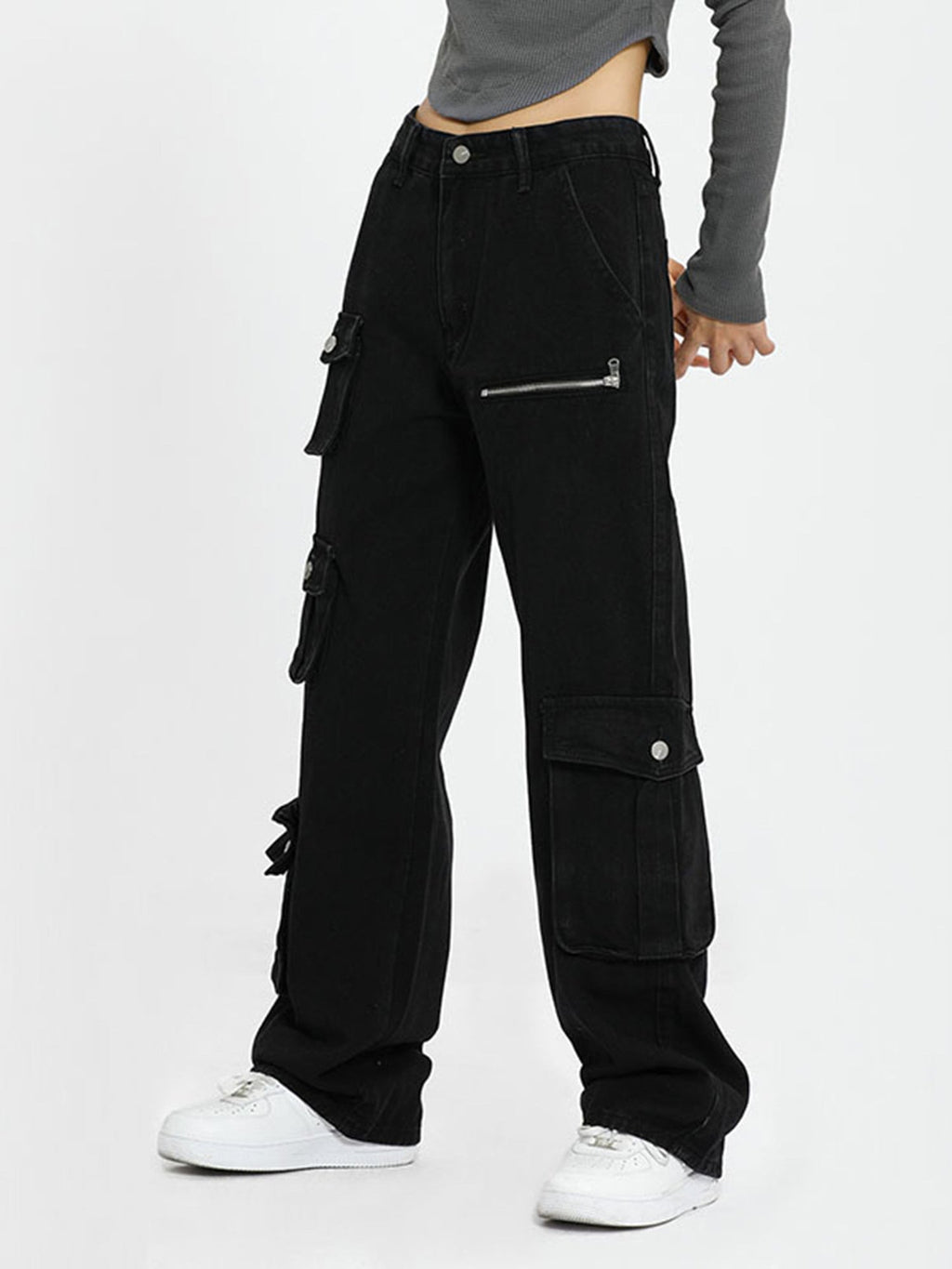BROWN CARGO PANTS WITH POCKETS MID WAIST CASUAL STRAIGHT LEG DESIGN