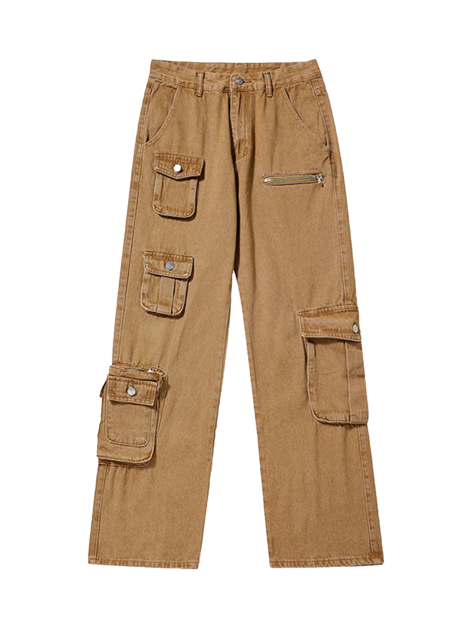 BROWN CARGO PANTS WITH POCKETS MID WAIST CASUAL STRAIGHT LEG DESIGN