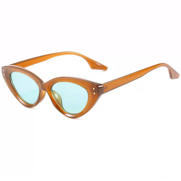 BROWN CAT-EYE SUNGLASSES WITH BLUE LENSES