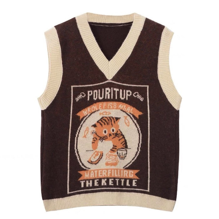 BROWN CAT GRAPHIC SWEATER VEST FOR WOMEN