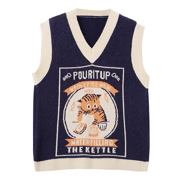 BROWN CAT GRAPHIC SWEATER VEST FOR WOMEN