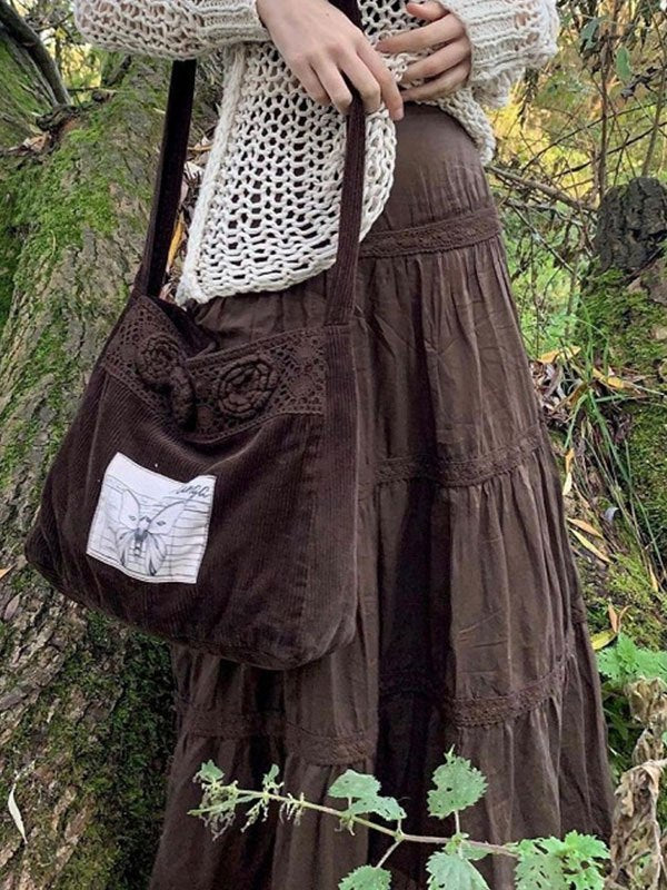 BROWN CORDUROY BAG WITH FLORAL CROCHET AND INSECT PATCH VINTAGE TIERED
