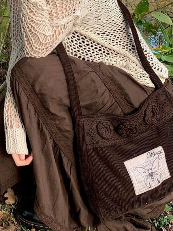 BROWN CORDUROY BAG WITH FLORAL CROCHET AND INSECT PATCH VINTAGE TIERED