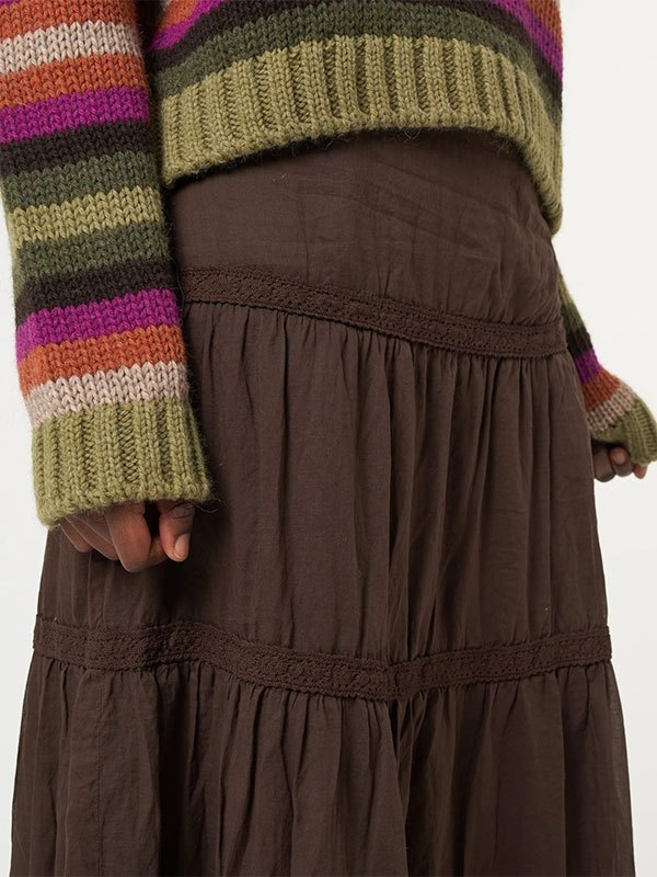 BROWN CORDUROY BAG WITH FLORAL CROCHET AND INSECT PATCH VINTAGE TIERED