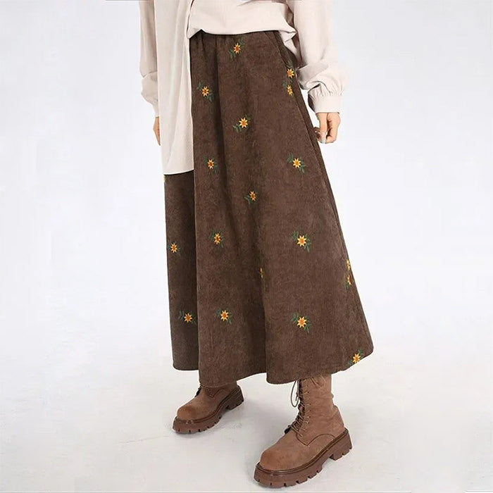 BROWN CORDUROY SKIRT WITH FLORAL EMBROIDERY 60-80CM LENGTH