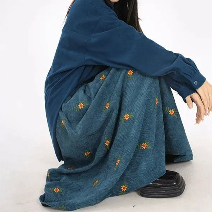 BROWN CORDUROY SKIRT WITH FLORAL EMBROIDERY 60-80CM LENGTH