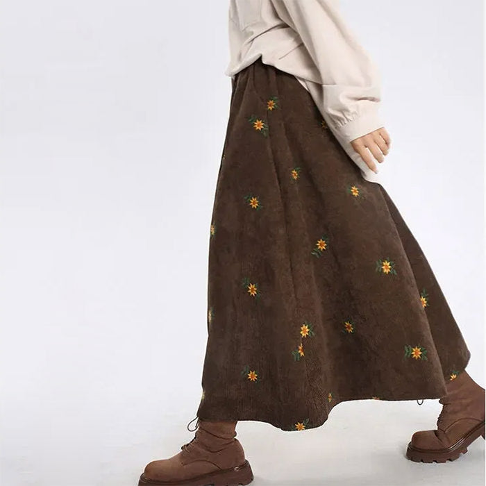 BROWN CORDUROY SKIRT WITH FLORAL EMBROIDERY 60-80CM LENGTH