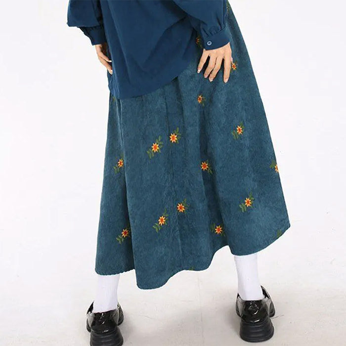 BROWN CORDUROY SKIRT WITH FLORAL EMBROIDERY 60-80CM LENGTH