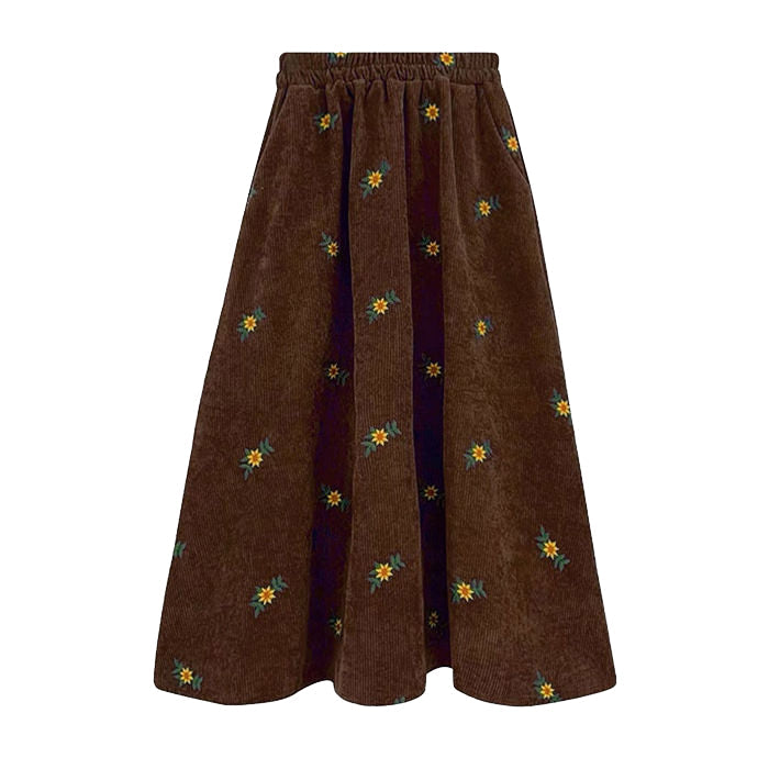 BROWN CORDUROY SKIRT WITH FLORAL EMBROIDERY 60-80CM LENGTH