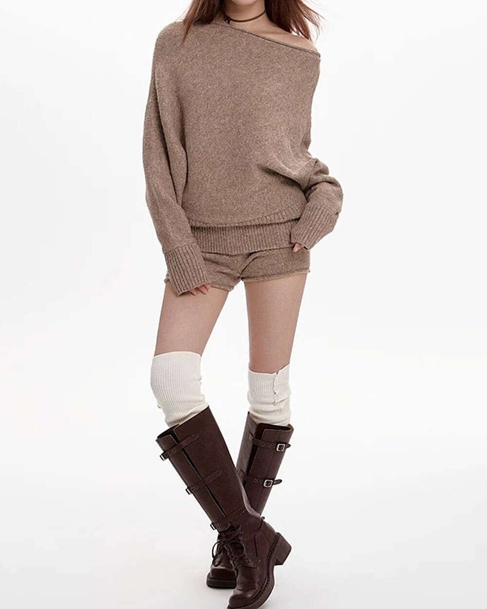 BROWN COZY KNIT SHORTS HIGH-WAISTED KNITTED SHORTS