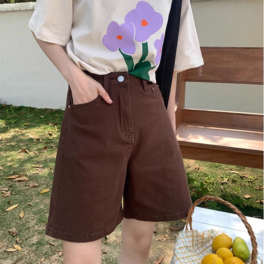 BROWN DENIM HIGH-WAISTED SHORTS