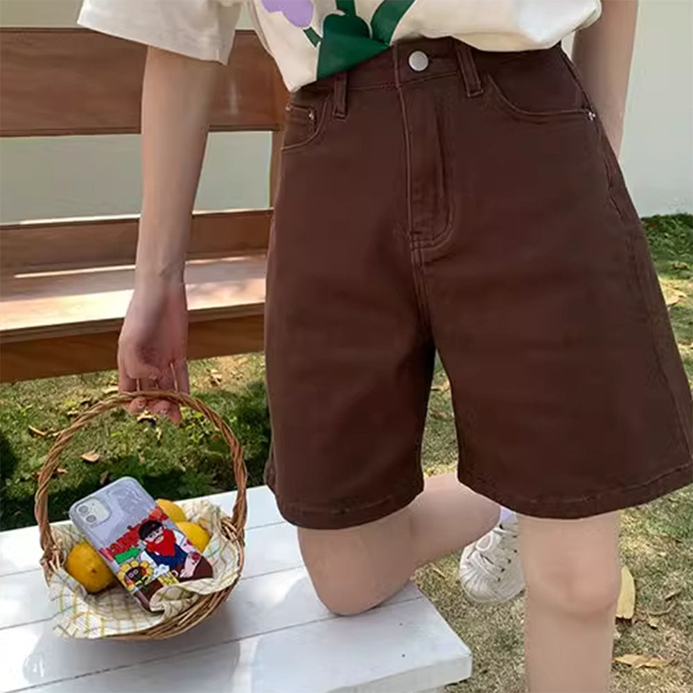 BROWN DENIM HIGH-WAISTED SHORTS