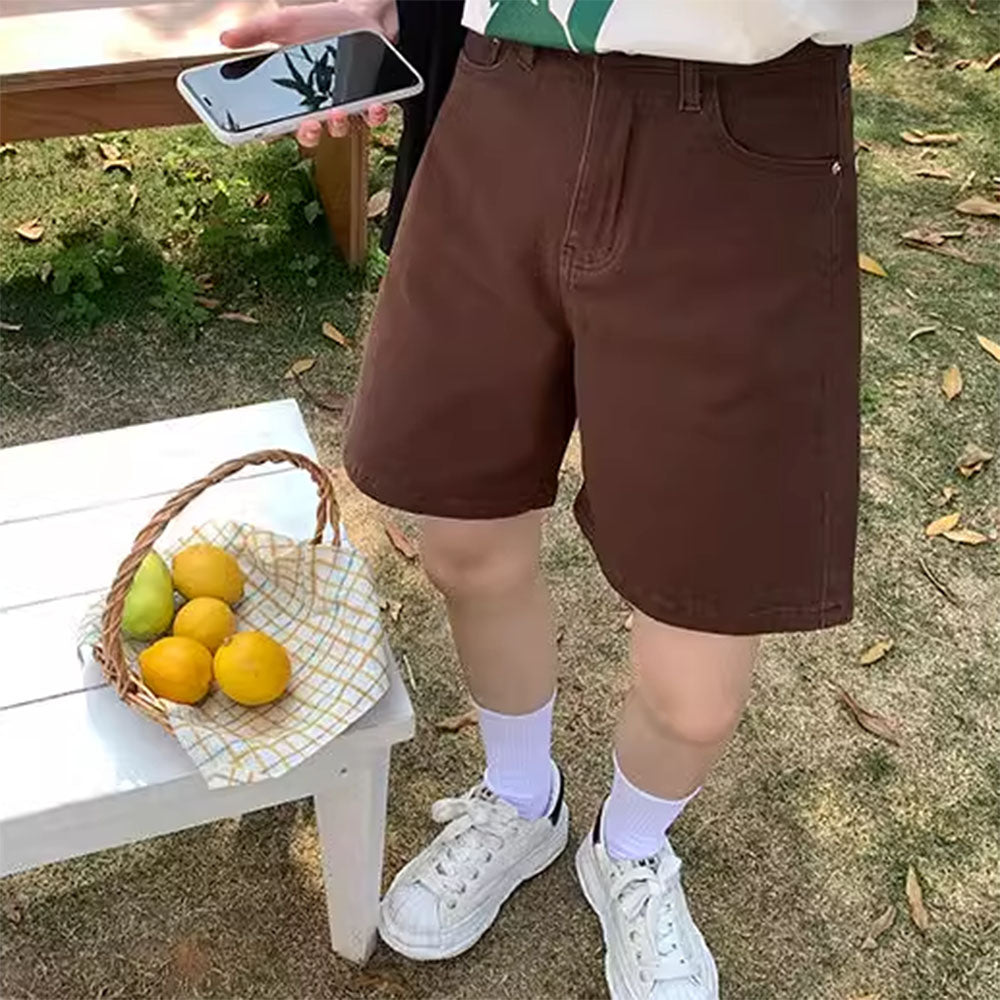 BROWN DENIM HIGH-WAISTED SHORTS