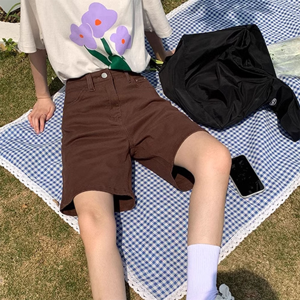 BROWN DENIM HIGH-WAISTED SHORTS