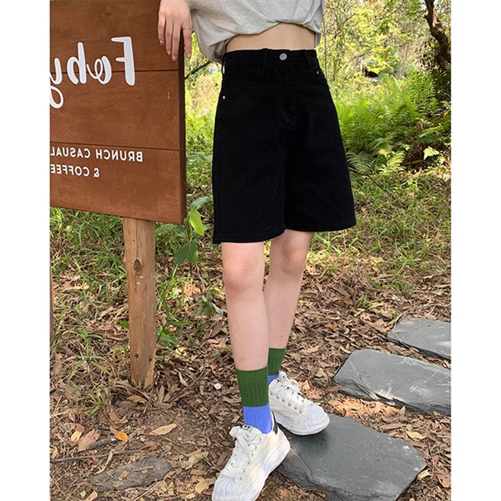 BROWN DENIM HIGH-WAISTED SHORTS