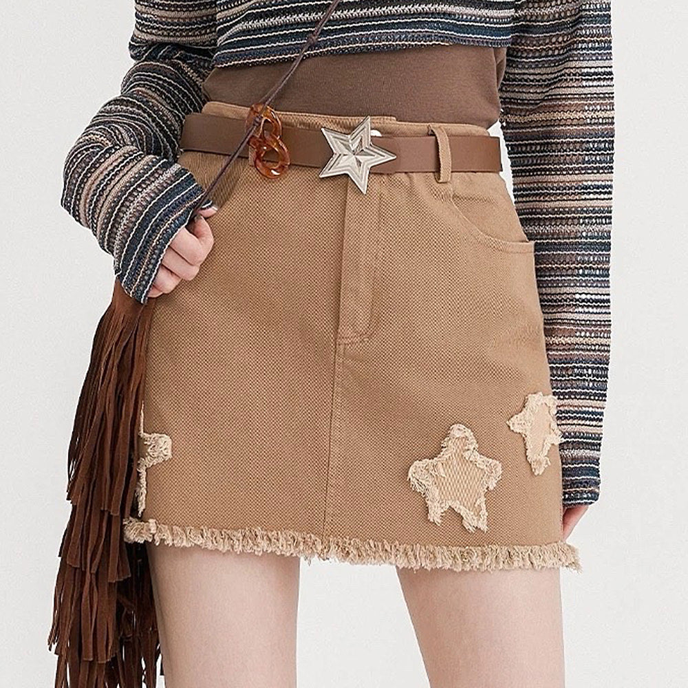 BROWN DENIM MINI SKIRT DISTRESSED STAR PATCH