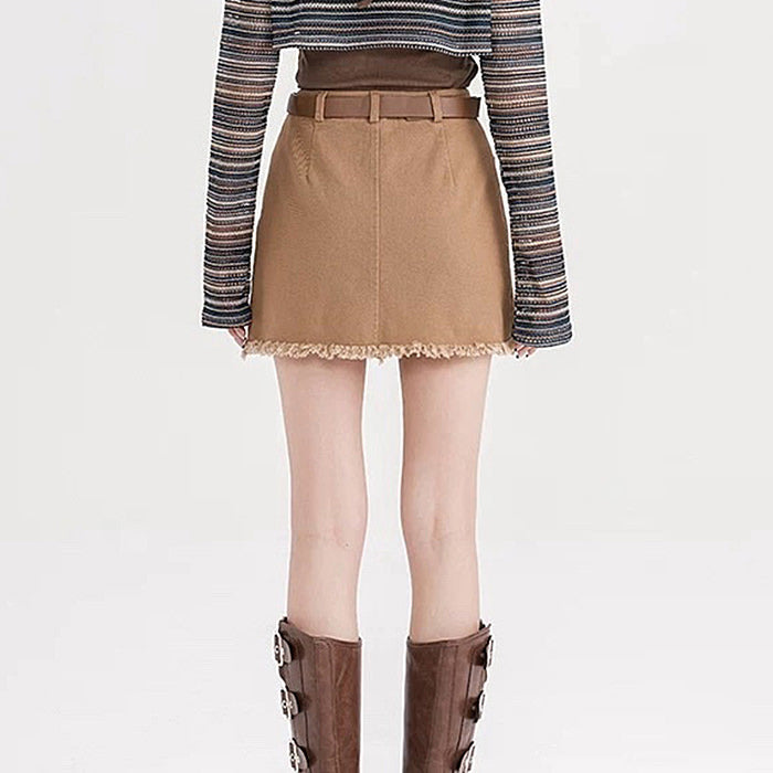 BROWN DENIM MINI SKIRT DISTRESSED STAR PATCH
