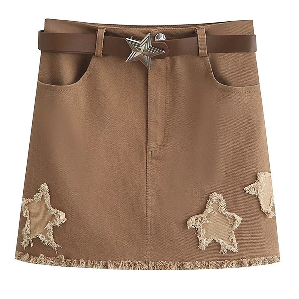 BROWN DENIM MINI SKIRT DISTRESSED STAR PATCH