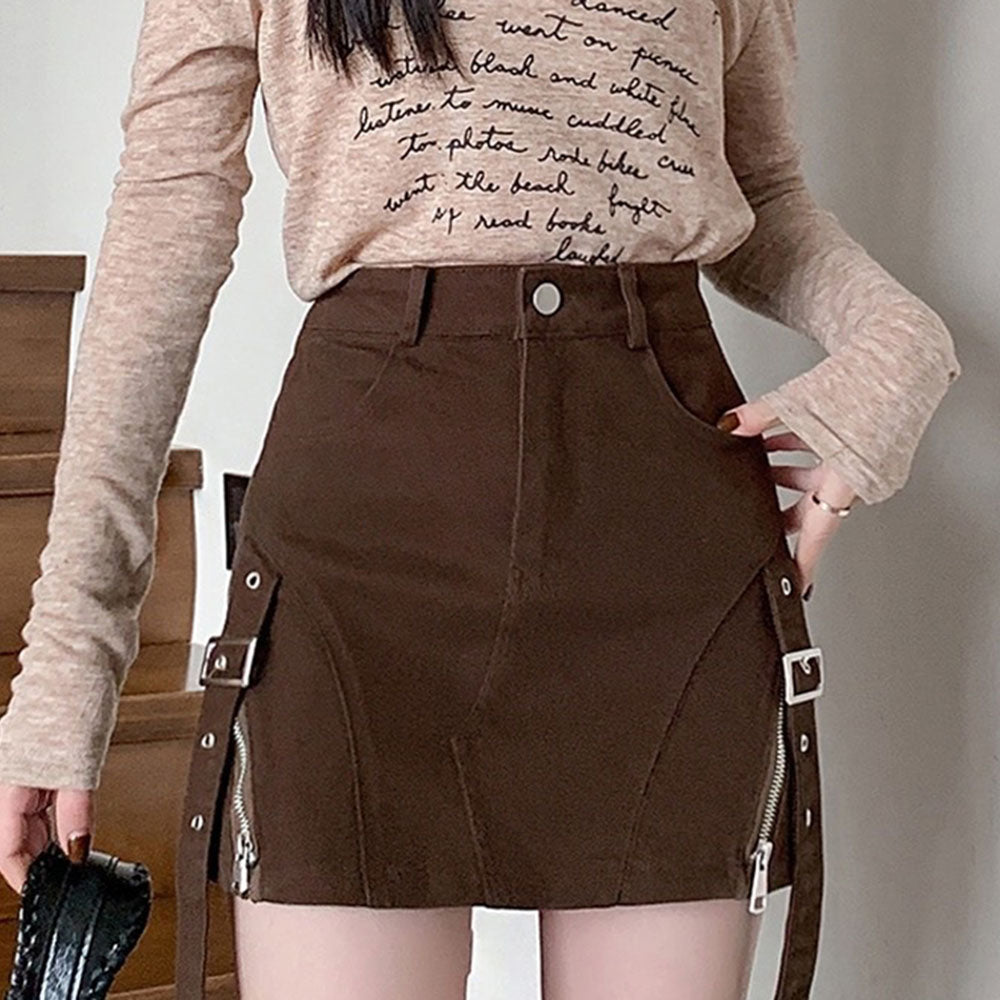 BROWN DENIM MINI SKIRT WITH BUCKLE STRAPS