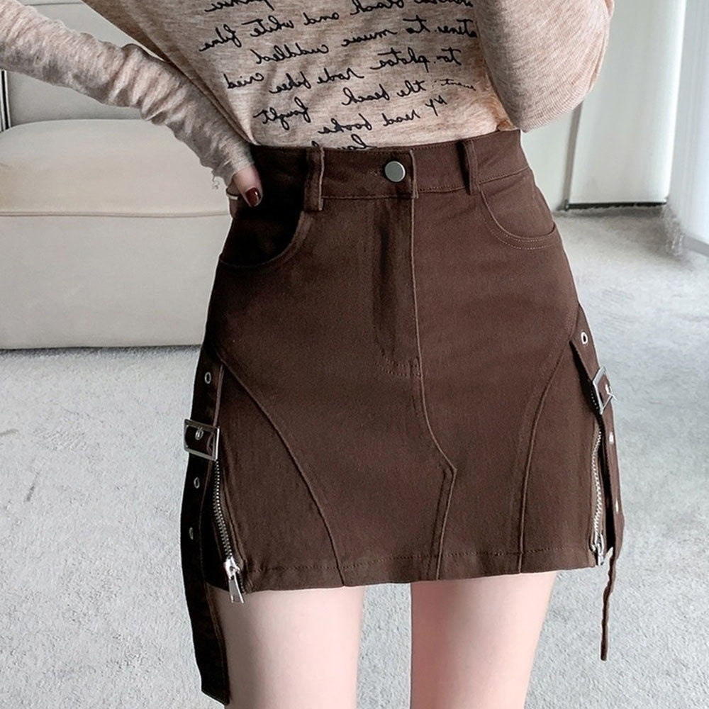 BROWN DENIM MINI SKIRT WITH BUCKLE STRAPS