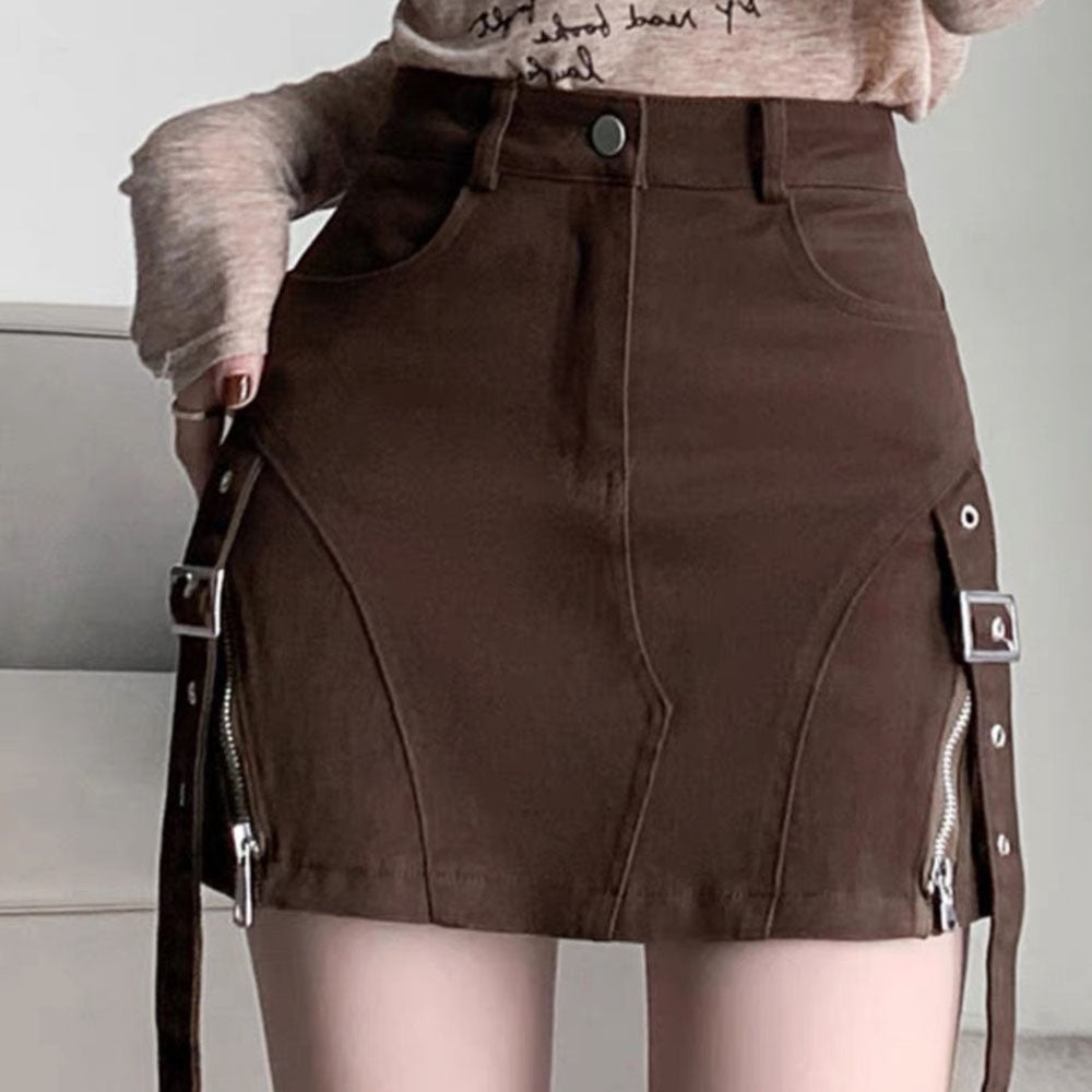 BROWN DENIM MINI SKIRT WITH BUCKLE STRAPS