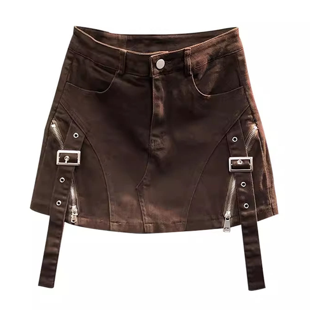 BROWN DENIM MINI SKIRT WITH BUCKLE STRAPS
