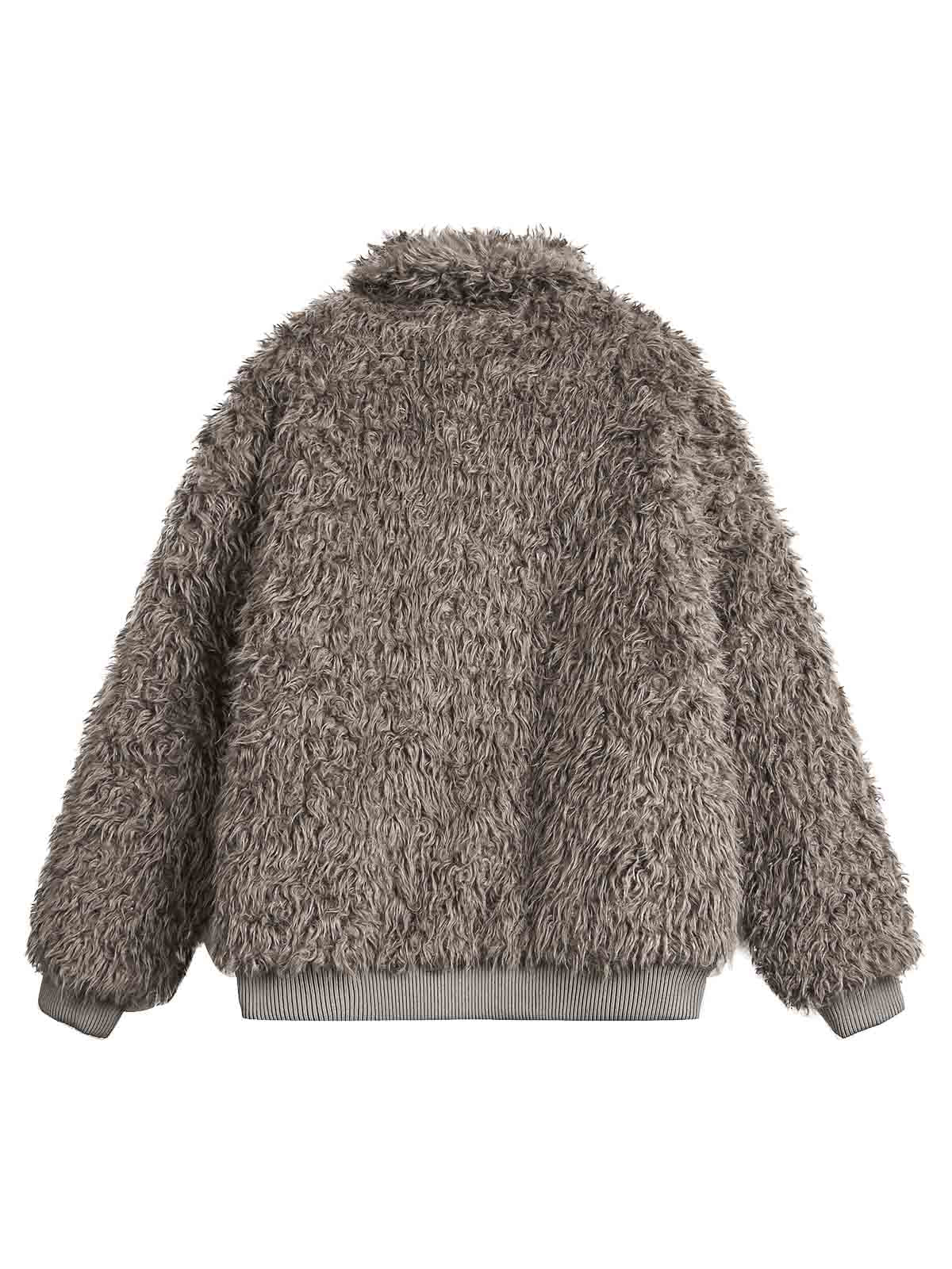 BROWN FAUX FUR JACKET WITH LONG SLEEVE AND STAND COLLAR LOOSE FIT