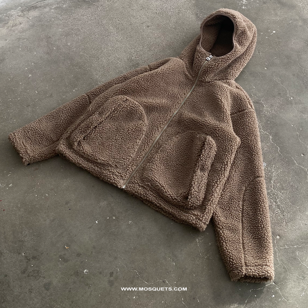 BROWN FLEECE HOODED JACKET WITH DROPPED SHOULDER DESIGN