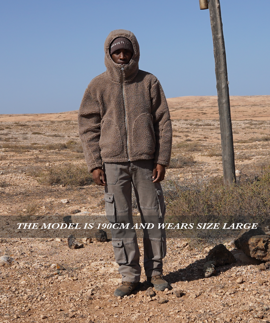 BROWN FLEECE HOODED JACKET WITH DROPPED SHOULDER DESIGN