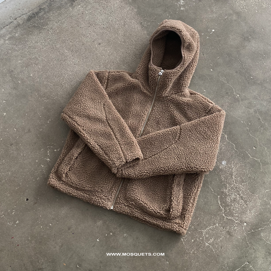 BROWN FLEECE HOODED JACKET WITH DROPPED SHOULDER DESIGN