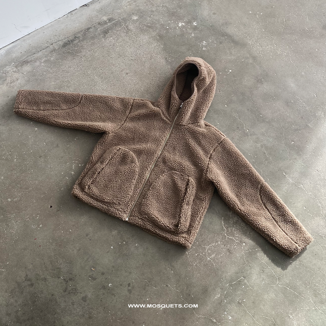 BROWN FLEECE HOODED JACKET WITH DROPPED SHOULDER DESIGN
