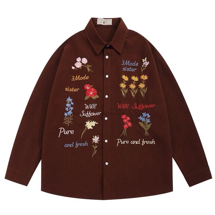 BROWN FLORAL EMBROIDERED BUTTON-DOWN SHIRT FOR WOMEN