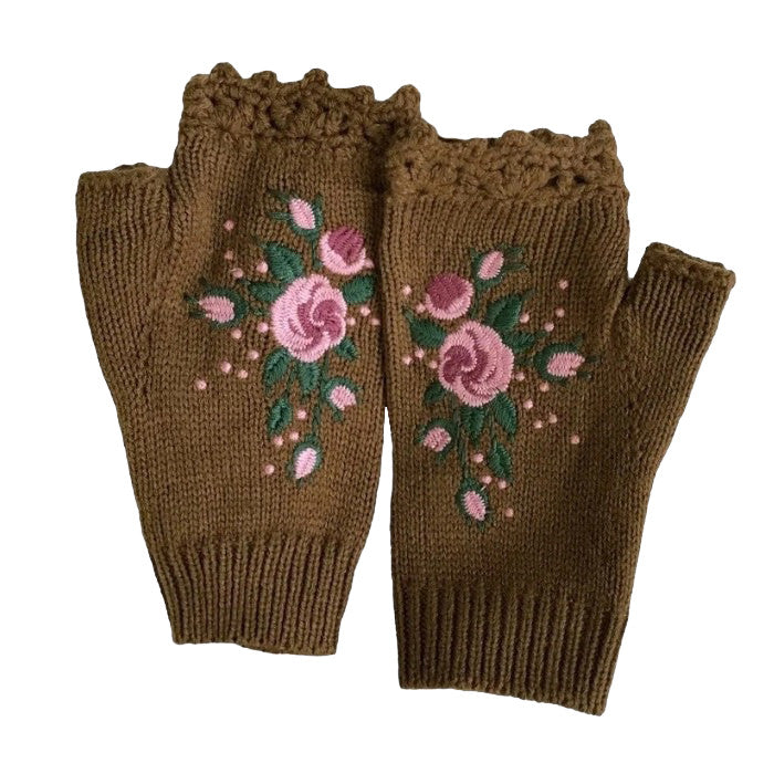 BROWN FLORAL EMBROIDERED FINGERLESS GLOVES FOR WOMEN