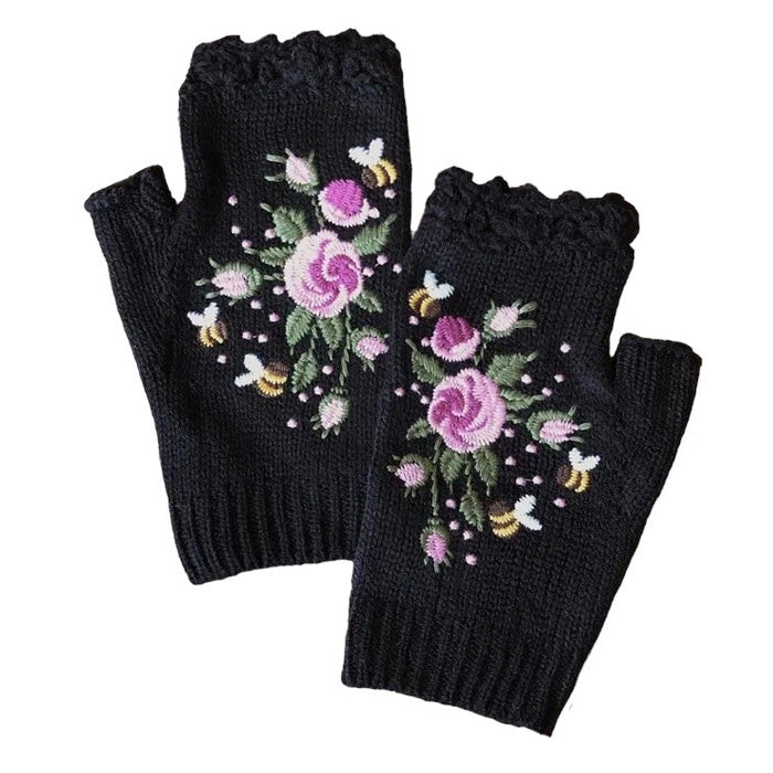 BROWN FLORAL EMBROIDERED FINGERLESS GLOVES FOR WOMEN
