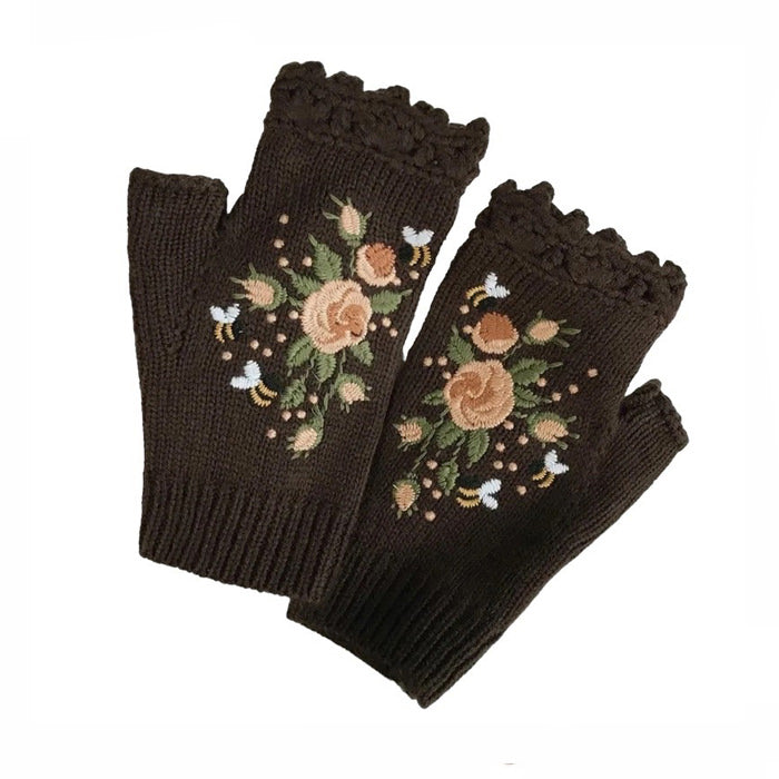 BROWN FLORAL EMBROIDERED FINGERLESS GLOVES FOR WOMEN
